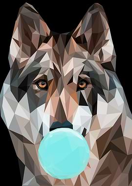 Geometric Wolf Blowing Bubble Gum