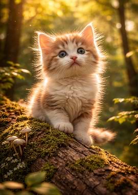 Kitten on a mossy log in forest