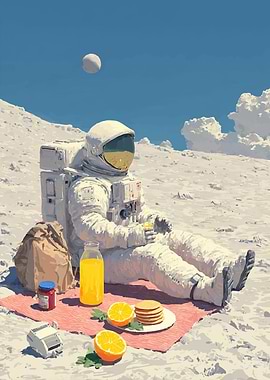 Astronaut enjoying a picnic on the moon