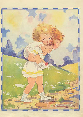 Two girls piggyback ride in nature