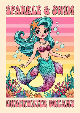 Cute Fantasy Mermaid in Ocean – Magical Wall Art Poster