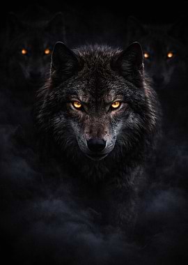 Three Wolves with Glowing Eyes