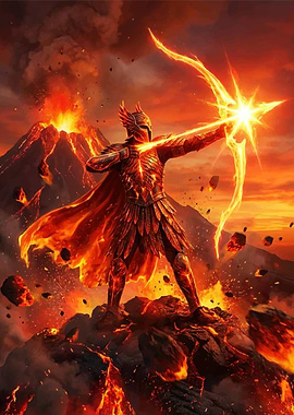 Fiery Archer in Volcanic Landscape