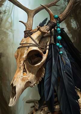 Deer Skull with Feathers and Beads
