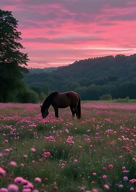 Horse in a field of pink flowers at sunset