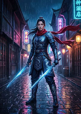 Warrior Woman in Neon City
