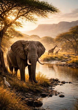 Elephant and Giraffes in African Savannah