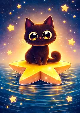 Cute Black Cat on a Star