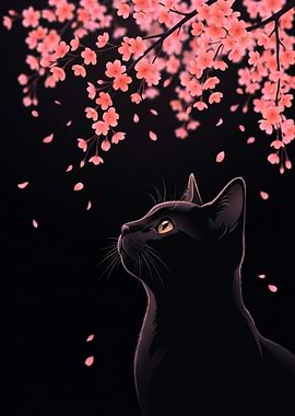 Black Cat Under Cherry Blossoms