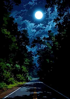 Moonlit Road Through Forest