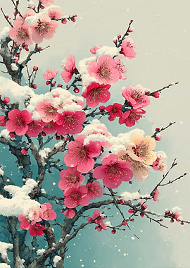 Pink Cherry Blossoms in Snow