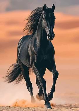 Majestic Black Horse Running in Desert