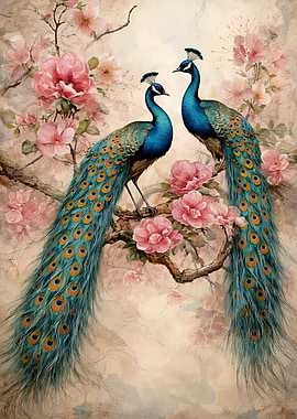 Two Peacocks on a Branch with Flowers
