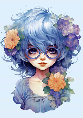 Anime Girl with Blue Hair, Glasses and Flowers