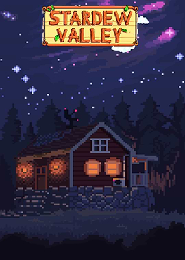 Stardew Valley pixel art cabin at night