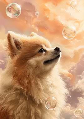 Pomeranian Dog Looking at Bubbles in Sky