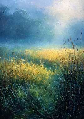 Impressionistic Meadow Under Moody Sky