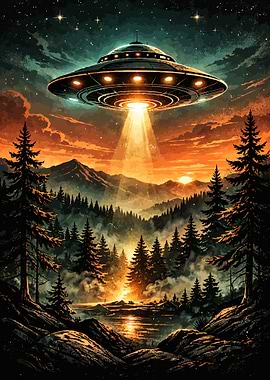 UFO Abducting Forest Scene