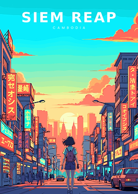 Siem Reap Cambodia Cityscape Anime Poster