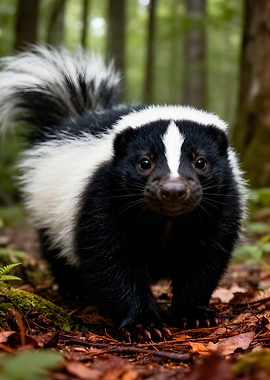 Close-up of a skunk in a forest