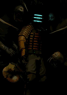 Isaac Clarke surrounded by Necromorphs