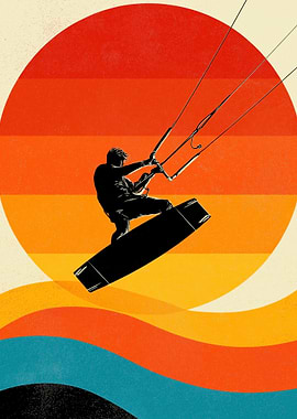Kitesurfer silhouetted against a retro sunset