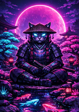 Samurai Cat in Neon Japanese Garden