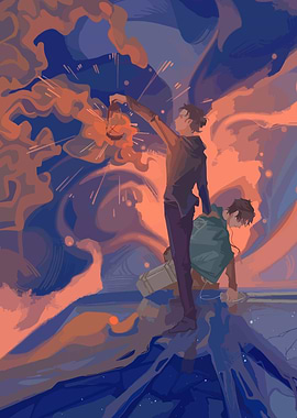 Two figures in a surreal, fiery landscape