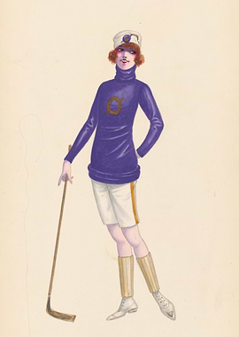 Woman in vintage sport attire with hockey stick