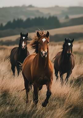 Three horses running in a field