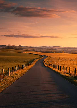 Winding Road Through Golden Fields at Sunset