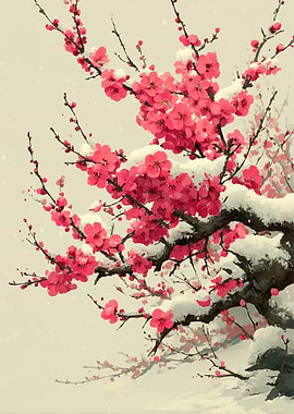 Pink Cherry Blossoms in Snow