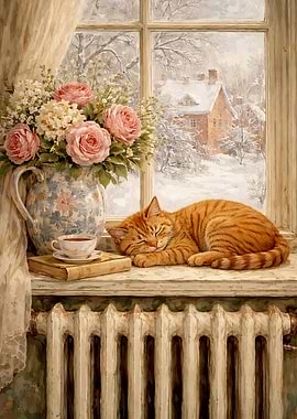 Cozy Winter Window Scene with Sleeping Cat