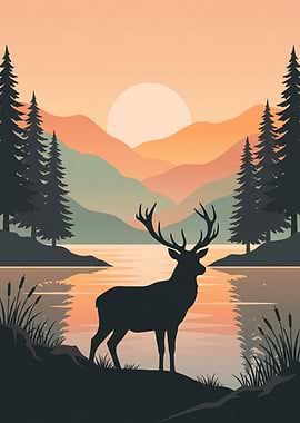 Deer by the Lake at Sunset