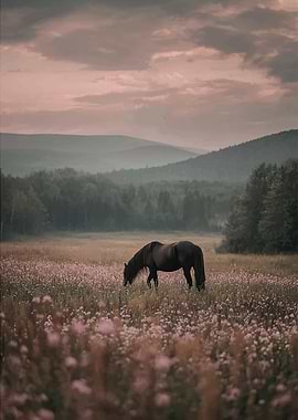 Horse grazing in a field of flowers