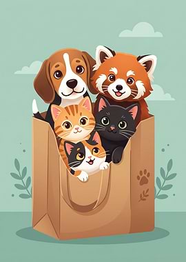 Cute animals in a paper bag