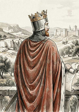 King with Crown and Scroll Overlooking City