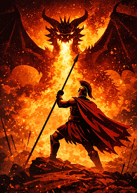 Warrior vs Dragon in Fire