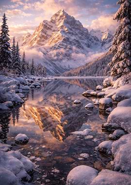 Snowy Mountain Reflection at Sunrise
