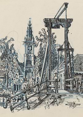 Dutch Canal Bridge and Church Tower