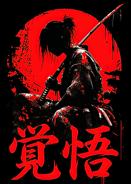 Samurai with Katana and Japanese Text