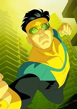 Invincible flying through a city