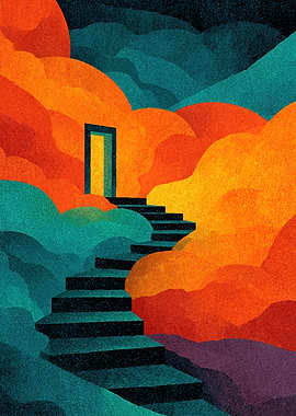 Stairway to a glowing doorway