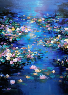 Impressionistic Water Lilies at Night