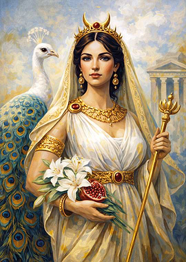 Goddess Hera with Peacock and Flowers