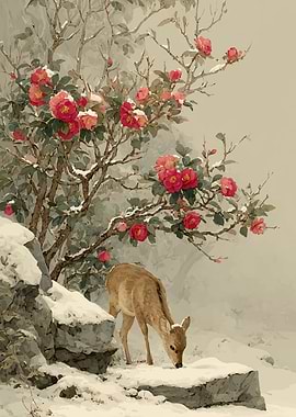 Deer in a Snowy Camellia Garden