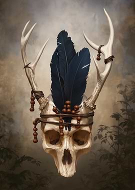 Skull with Antlers and Feathers