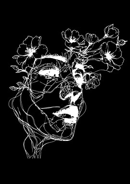 Woman's Face with Flowers Line Art