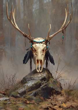 Deer Skull with Antlers and Feathers