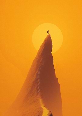 Lone hiker on a mountain peak at sunset